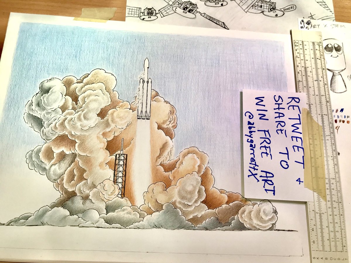 abbygarrettart's tweet image. Finishing #FalconHeavyLaunch portrait today on Periscope &amp;amp; Twitter! Join live &amp;amp; share to qualify for a #SpaceX art giveaway at the end!🚀🎨 #STEM #goforlaunchcomic @SpaceXNow @SpaceCoastSkies @julia_bergeron @NASASpaceflight @murphypak @WJS @joebarnard @Erdayastronaut @tmro