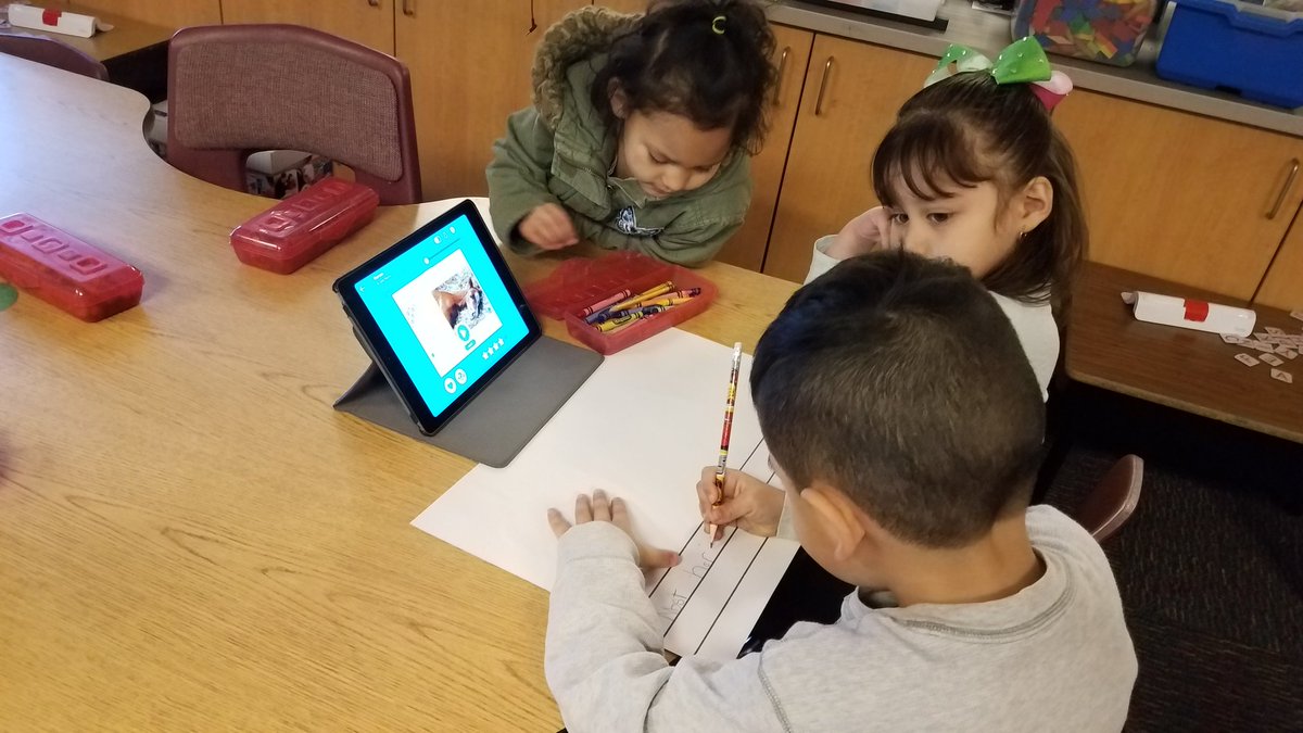 cvtigersKA's tweet photo. #Kindergarten Ss #collaborated in writing today. They were in groups of 3, each had a job.  One was a writer, another was an illustrator and the last was the iPad researcher (looking up farm facts on @EpicKidsBooks).  #agency @newtechnetwork @CVschoolofInq https://t.co/7c7oX2GGga