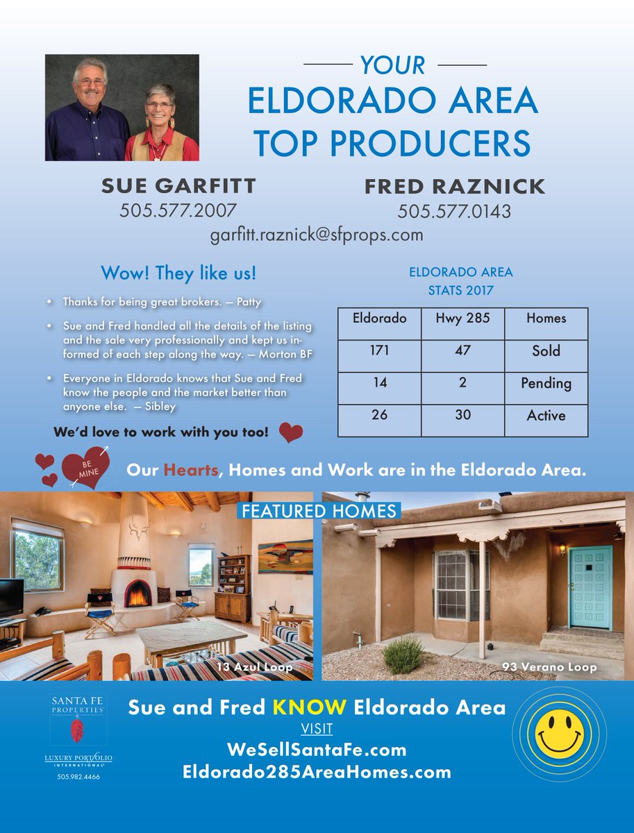 Did you see our page in the Feb issue of Eldorado Living magazine? Our extensive marketing platform provides our seller clients with wide exposure both print and online. Let's talk. Our Hearts, Homes and Work are in the Eldorado area. Eldorado285AreaHomes.com