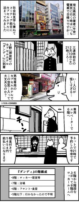 先日のコミティアの前日に上野のカプセルホテル『ダンディ』に一泊してみた実録レポ漫画です  
