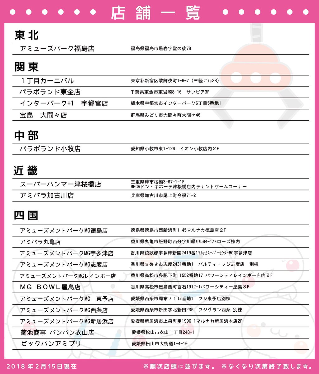 先ほど県内唯一の店舗に行ってきました (●・-・●) 
とても‥難しかったですが、しろまるとまるちゃんをお持ち帰りしました♡
展開店舗が5店舗ほど増えたようですので画像で貼っておきます!
かなり展開が少なくレアな子たちになってしまいますがお近くの方は是非(๑- θ -๑)✧ 