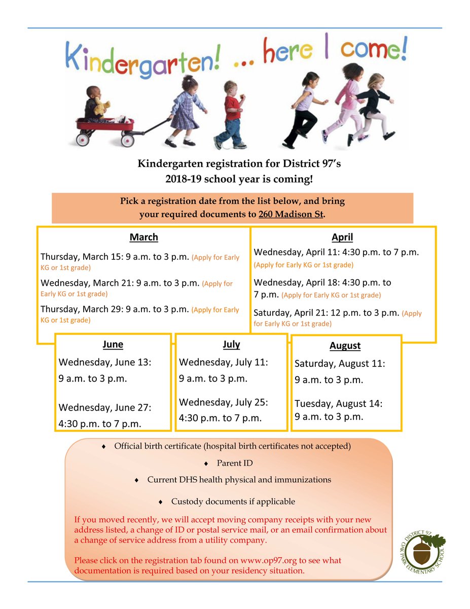 The district will be holding several sessions this spring and summer for families that need to register their children for kindergarten for the 2018-19 school year. You can access additional information about these sessions by visiting bit.ly/2Ew9GiR. #oakpark97
