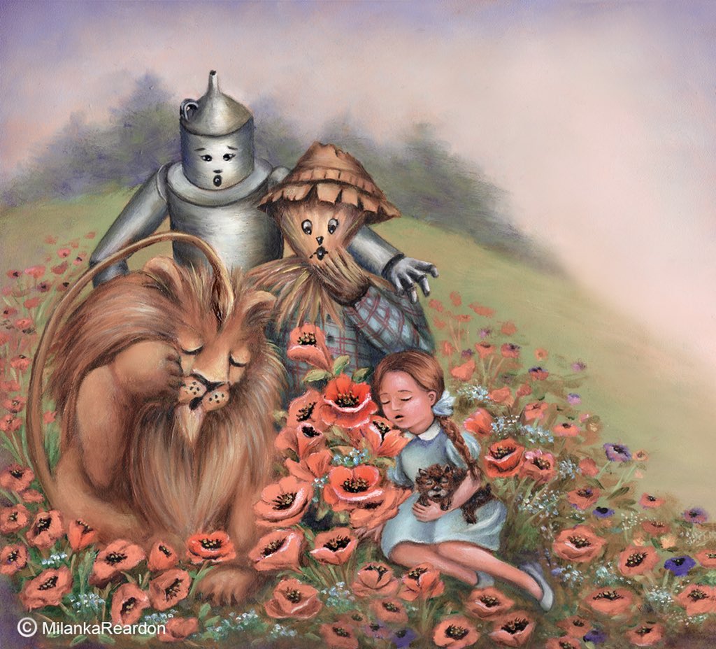 MilankaReardon's tweet photo. A #sleepy scene from the #wizardofoz for this week’s #colour_collective #BotoPink #kidlitart #illustration #childrensbooks #painting #art https://t.co/YtKZK9CJAi
