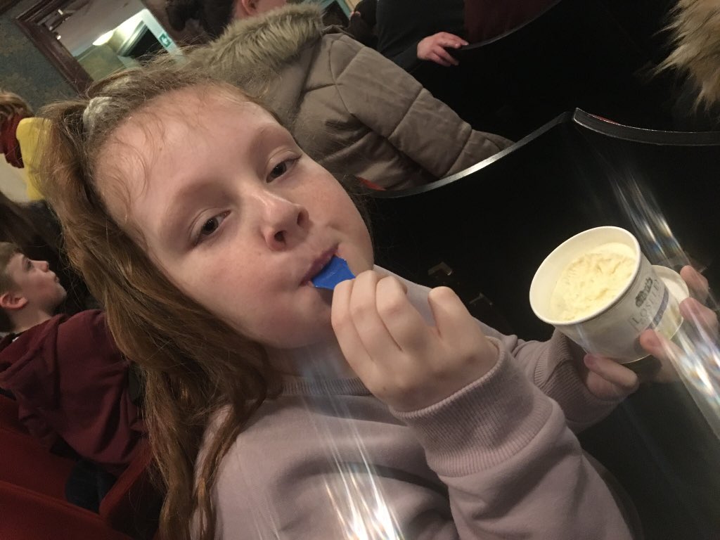 LucySwindler's tweet photo. Enjoying ice cream at the interval of watching Awful Auntie. What an amazing show!! @LaurenSwindler @rubyswindler @davidwalliams https://t.co/9RuoUfh2p5