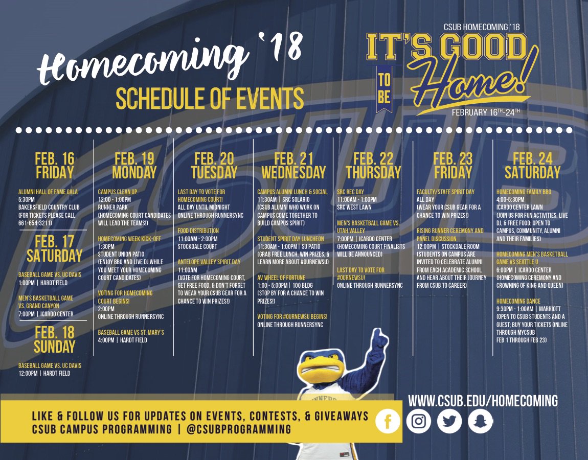 CSUBakersfield's tweet photo. #CSUBHomecoming is finally here! Join is as we celebrate why "It's Good to be Home!" #RunnerPride 💙💛 https://t.co/kaRVzBAOuz
