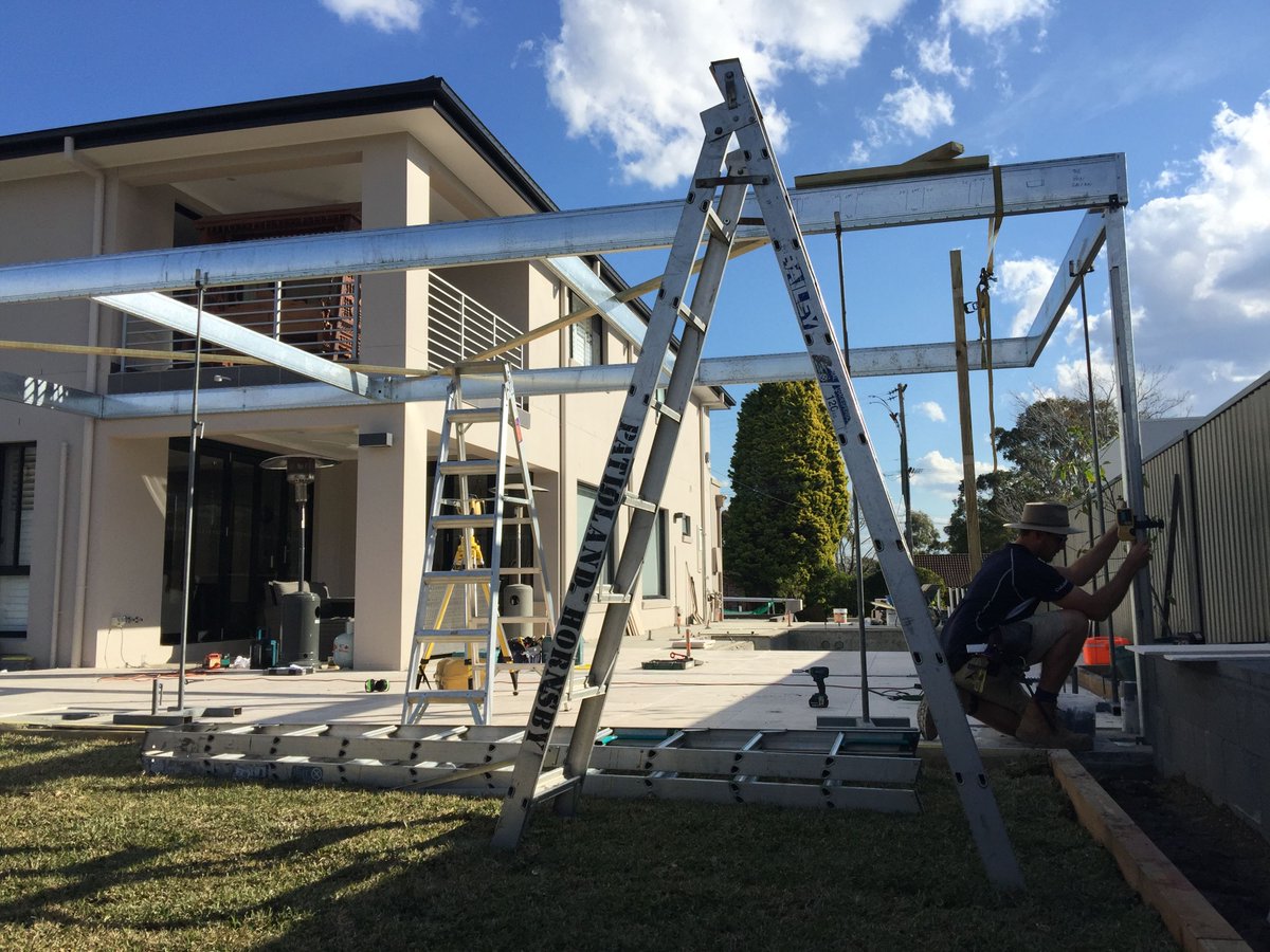 Patioland's tweet photo. Framing being lined up, however still plenty of work to do here at South Turramurra to bring this opening roof to life. https://t.co/EXfqsR7JlF