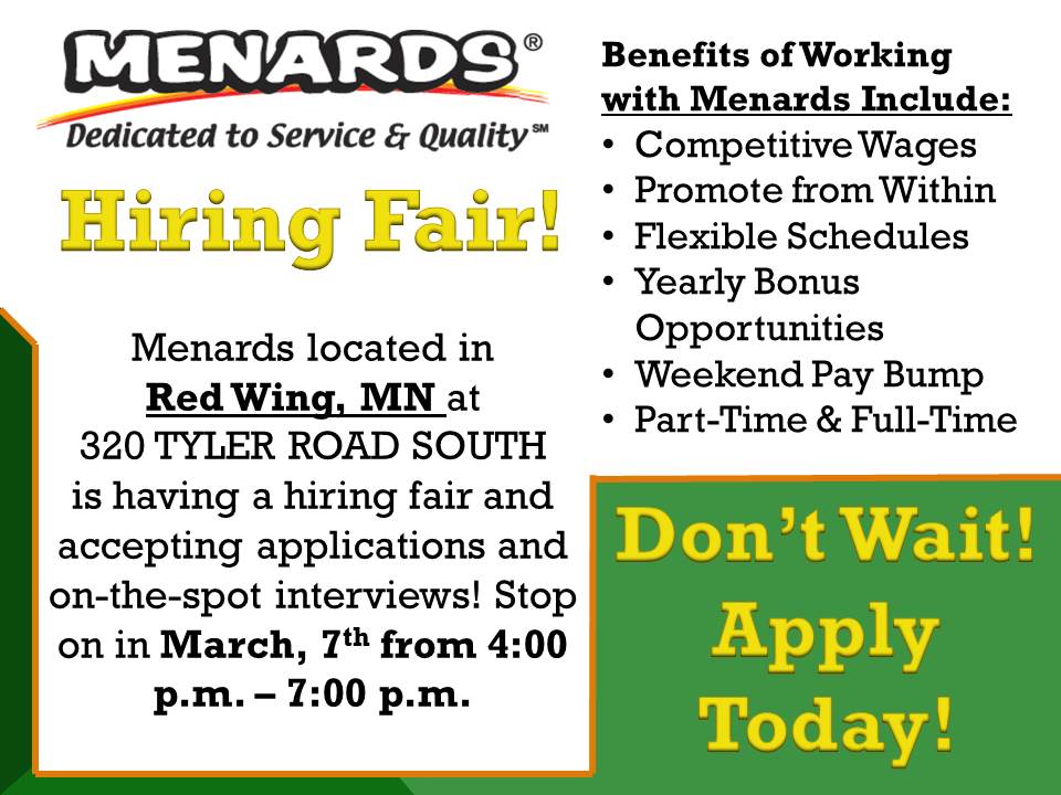 MenardsCareers's tweet photo. If you are looking for an exciting Career, than Menards has the opportunity for you! Stop on in during Menards Red Wing's Hiring Fair and take advantage of on-the-spot interviews! Apply in person or online today at https://t.co/o1MSD50UHO! https://t.co/iEQqvIpnju
