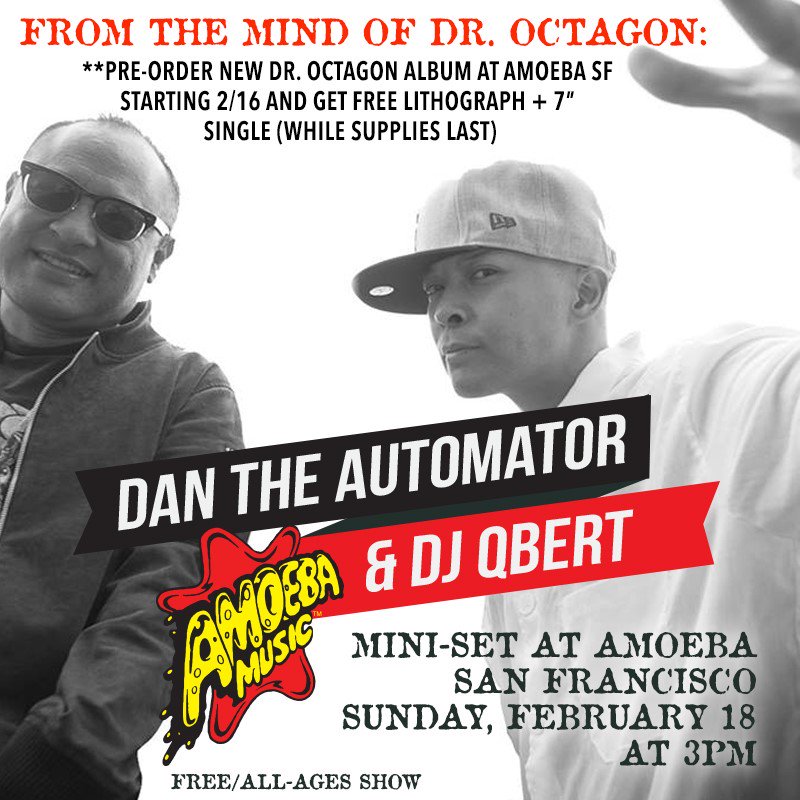 amoebamusic's tweet image. .@dantheautomator and @DJQbert are doing a special mini-set &amp;amp; signing @AmoebaSF this Sunday, Feb 18th at 3pm! Pre-order the new #DrOctagon  album "Moosebumps..." in-store at Amoeba SF and get a free lithograph + 7" single (while supplies last). bit.ly/2FGRter