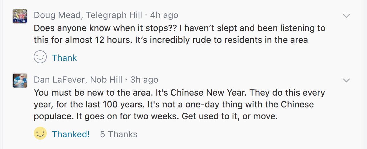 notreallyisa's tweet photo. Best #nextdoor headline about this poppin' ass time of the year - #ChineseNewYear ! LOL @ yer boy talmbout how it's 'incredibly rude'. G👏🏽T👏🏽F👏🏽O👏🏽H
#GreetingsFromSanFrancisco
#popoff #alldayallnight #forweeks
#gunghayfatchoy https://t.co/jMKL2PiHjT