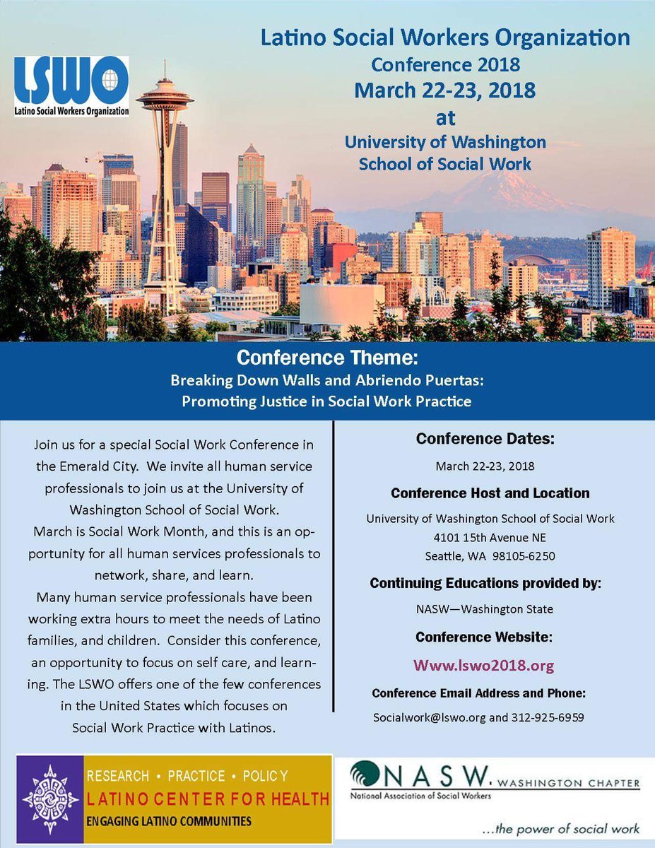 Now more than ever, we need to collaborate, learn new strategies and connect with like minded individuals. Join us @ our annual #socialwork conference focused on work w/ #Latinos &amp; #immigrants in #Seattle this March 22-23. Lswo2018.org #socialworkers #mentalhealth