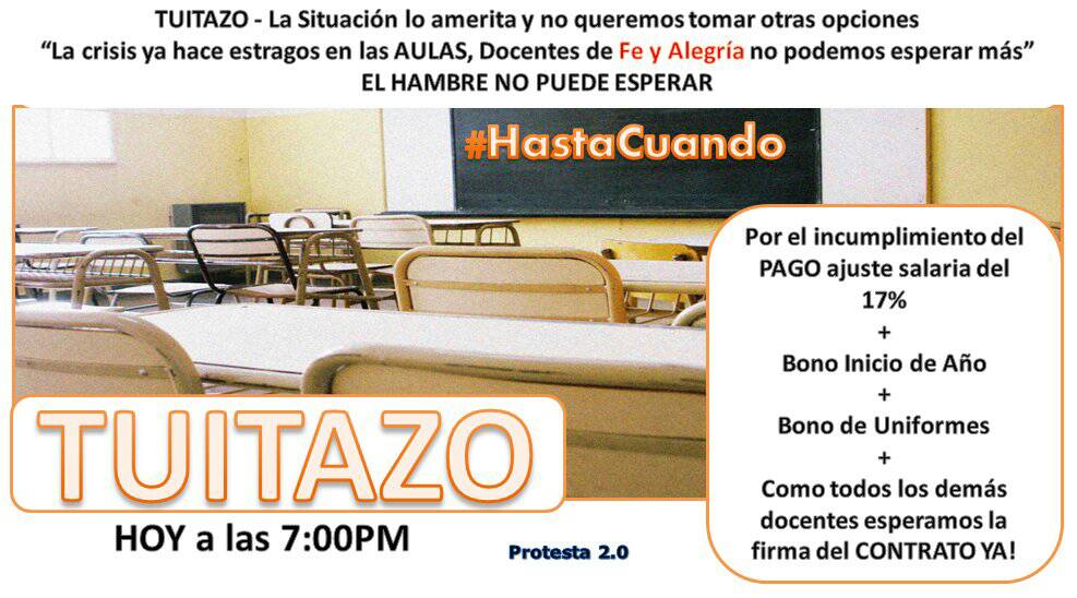 RT <a href="/marluis13/">jose luis sanchez</a>: #hastacuando <a href="/AVECCONVENIO/">CONVENIO AVEC-MPPE</a> señores necesitamos respuestas ministro <a href="/JauaMiranda/">Elías Jaua</a> y presidente <a href="/NicolasMaduro/">Nicolás Maduro</a> ya va más de mes y medio que no se cancela la deuda con los docentes de <a href="/FeyAlegriaVE/">Fe y Alegría Venezuela</a>