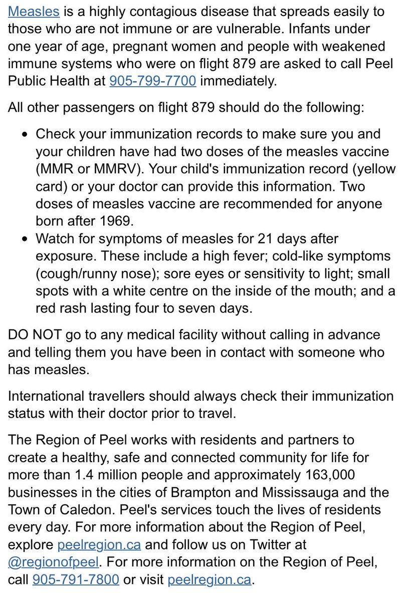 TomPodolec's tweet photo. Peel Public Health advising of possible measles exposure on Air Canada #AC879 Zurich to Toronto on Mon, Feb 12 as a result of a confirmed case of measles in an infant from Brampton who had recently travelled internationally.
Source: Region of Peel https://t.co/Z1fRSxJ5KX