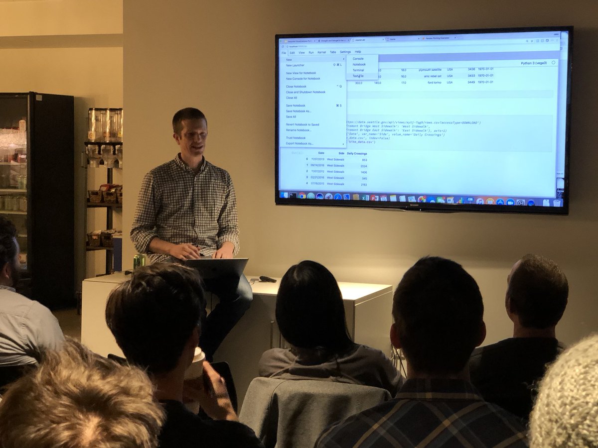 Last night <a href="/jakevdp/">Jake VanderPlas</a> gave a great presentation on declarative data visualizations in Python. Very exciting development of the Altair (altair-viz.github.io) package that he's working on. For the curious minded here's the slide deck: speakerdeck.com/jakevdp/bespok…