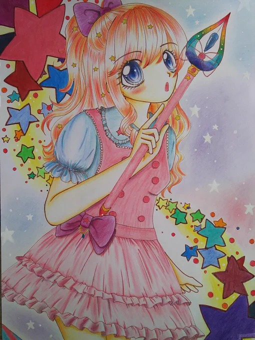 #イラスト #アナログ 魔法つかいの女の子。 背景がごちゃごちゃ(;'_ゝ`)どちらかに統一したほうが良かった。