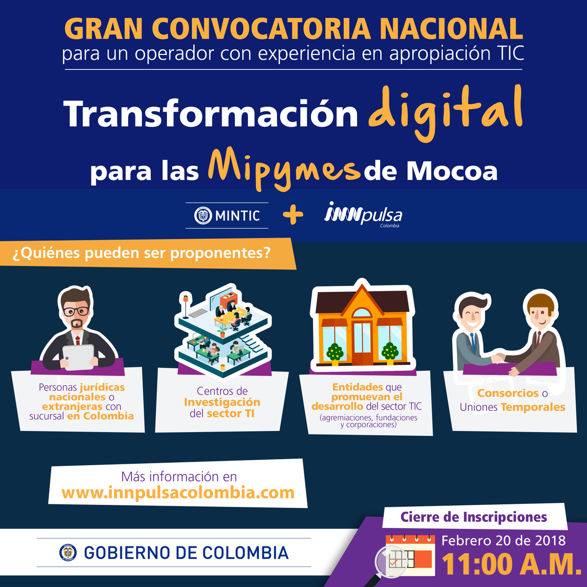 InnpulsaCol's tweet image. Inscríbete en la gran convocatoria nacional que hemos abierto con @Ministerio_TIC para seleccionar una empresa consultora en #TransformaciónDigital. Toda la información aquí 👉bit.ly/2Eu9QmX  #TodosConMocoa