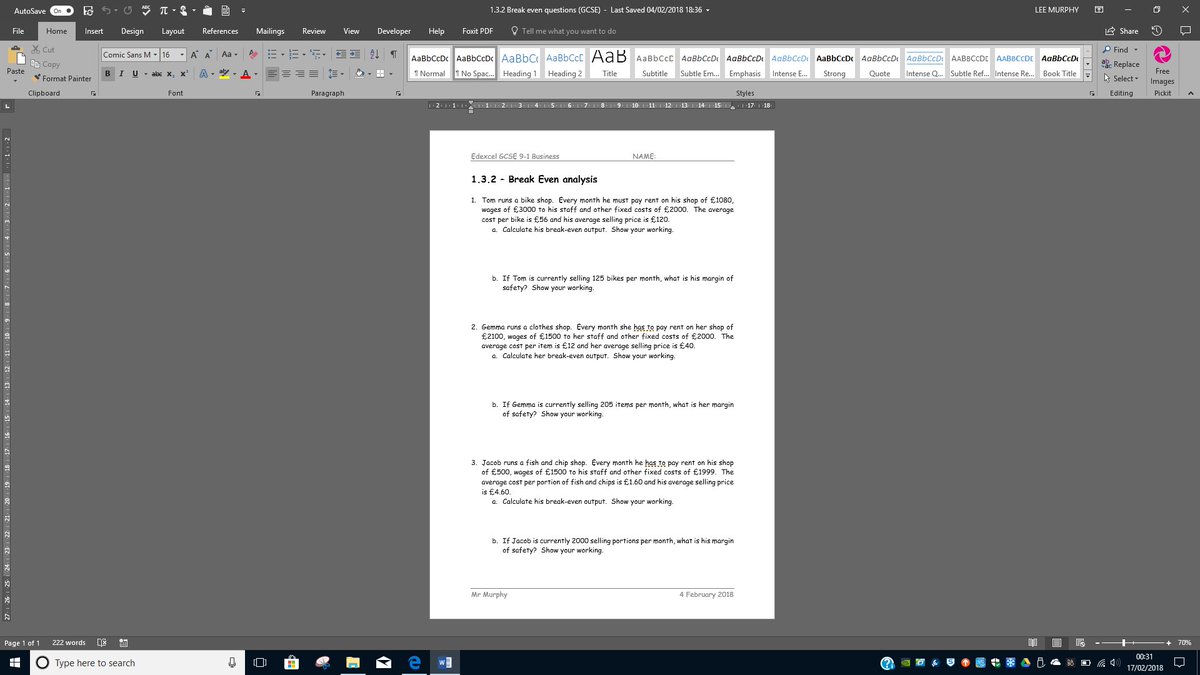 It's #worksheetweekend! This week challenges students to calculate break even level of output, and margin of safety for 3 scenarios. Suitable for GCSE, BTEC and Cambridge Nats. Email or DM me for a free copy!