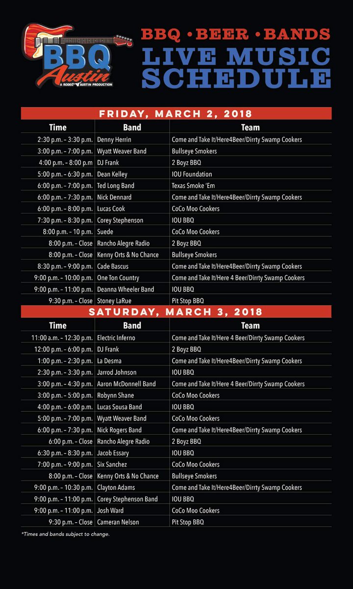 Coco Moo Cookers (@cocomoocookers) on Twitter photo BBQ Austin 2018 Music Line Up! It's like bar hopping with BBQ! (and family friendly) <a href="/rodeoaustin/">Rodeo Austin</a> <a href="/joshwardmusic/">Josh Ward</a> <a href="/sixsanchezmusic/">Six Sanchez</a> @SuedeAustin <a href="/lucascookmusic/">Lucas Cook</a> <a href="/RobynnShayne/">Robynn Shayne</a> @BandWyatt BBQ Austin 2018 Music Line Up! It's like bar hopping with BBQ! (and family friendly) <a href="/rodeoaustin/">Rodeo Austin</a> <a href="/joshwardmusic/">Josh Ward</a> <a href="/sixsanchezmusic/">Six Sanchez</a> @SuedeAustin <a href="/lucascookmusic/">Lucas Cook</a> <a href="/RobynnShayne/">Robynn Shayne</a> @BandWyatt