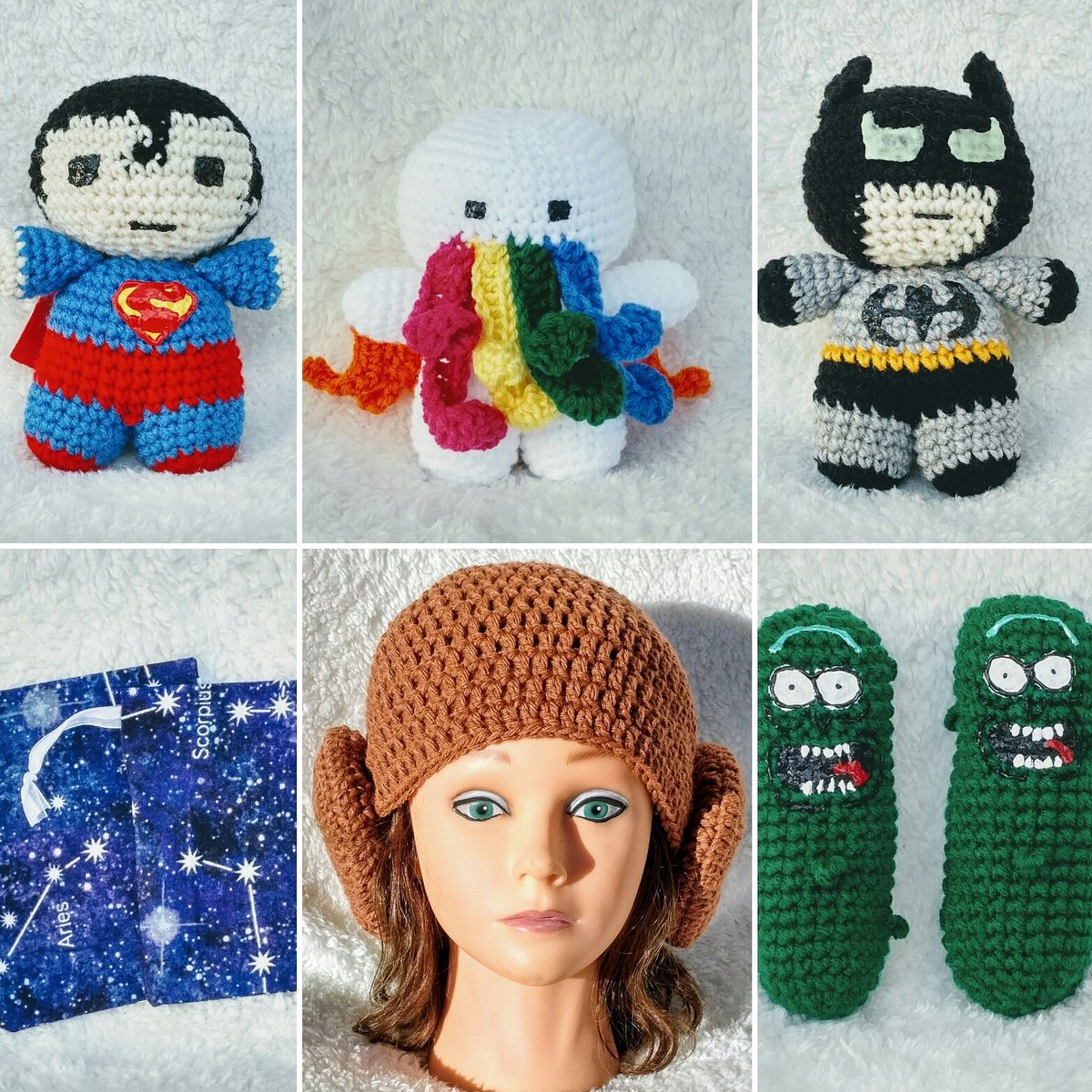 Knockoutknittin's tweet photo. #Superhero #Amigurumi, #Dice bags, #PrincessLeia Bun Toques, #PickleRick Amigurumi, and the cutest little #EldrichHorror, along with other hand-crafted items for #Nerds of all #Nerddoms and non-nerds alike - all available for sale in my #etsyshop -  https://t.co/CvypvneeVO https://t.co/nAxiv5Fz4N