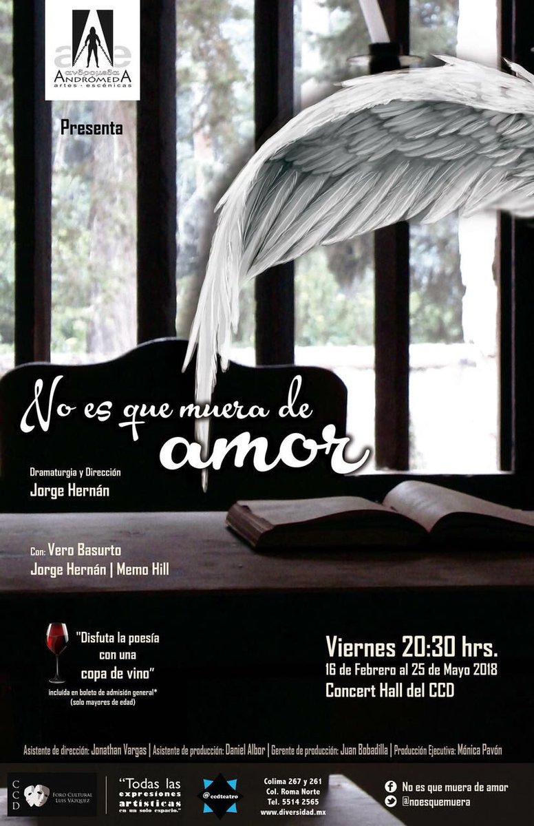 noesquemuera's tweet photo. #Teatro HOY #SíhayFunción  #ESTRENO “No es que muera de amor”: poesía de Jaime Sabines y Rosario Castellanos. Música en vivo. 20:30 hrs. Tenemos 2x1  #RT y mensaje directo. CCD: Colima 267, Col. Roma. #FelizViernes #MesDelAmor https://t.co/HaVtopHJHb