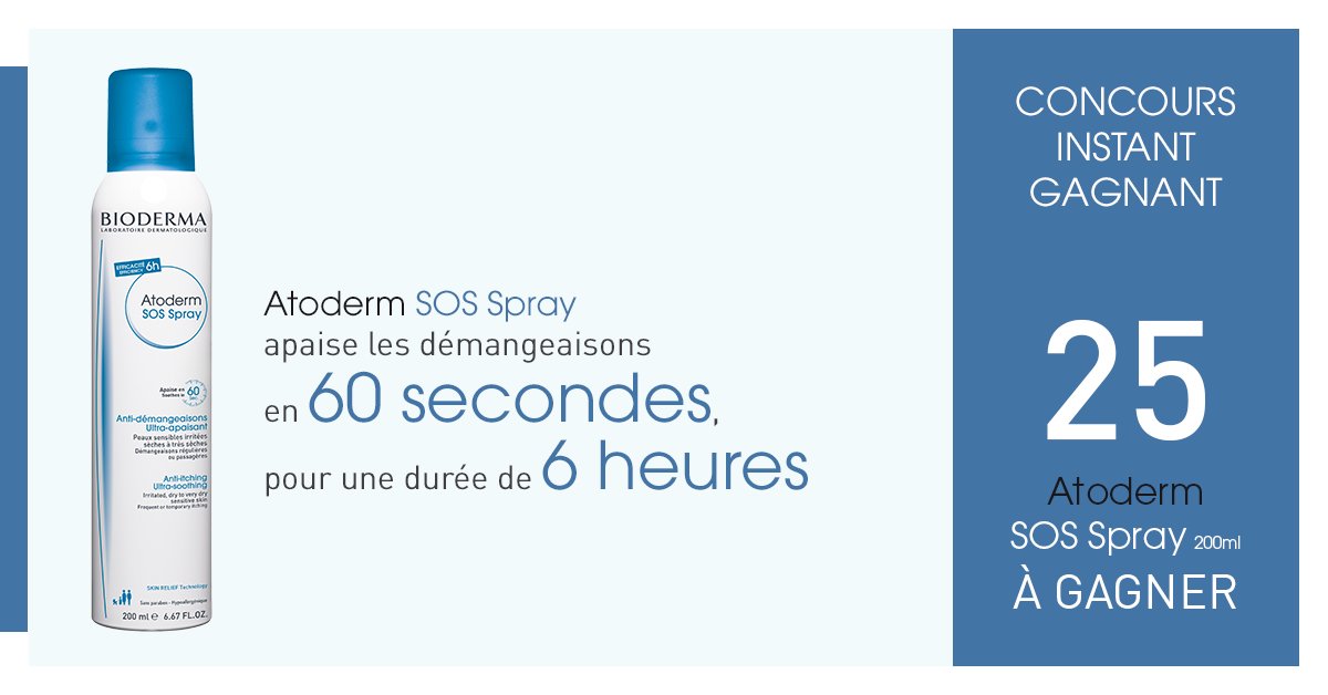 BiodermaFr's tweet photo. [#CONCOURS] Dernier jour pour tenter de remporter l’un des 25 #AtodermSOSSpray 200ml mis en jeu ! Pour participer, suivez-nous et retweetez au bon moment notre message! Découvrez immédiatement si vous avez gagné ! 
#SOSDEMANGEAISONS https://t.co/LFLZkJHzmX