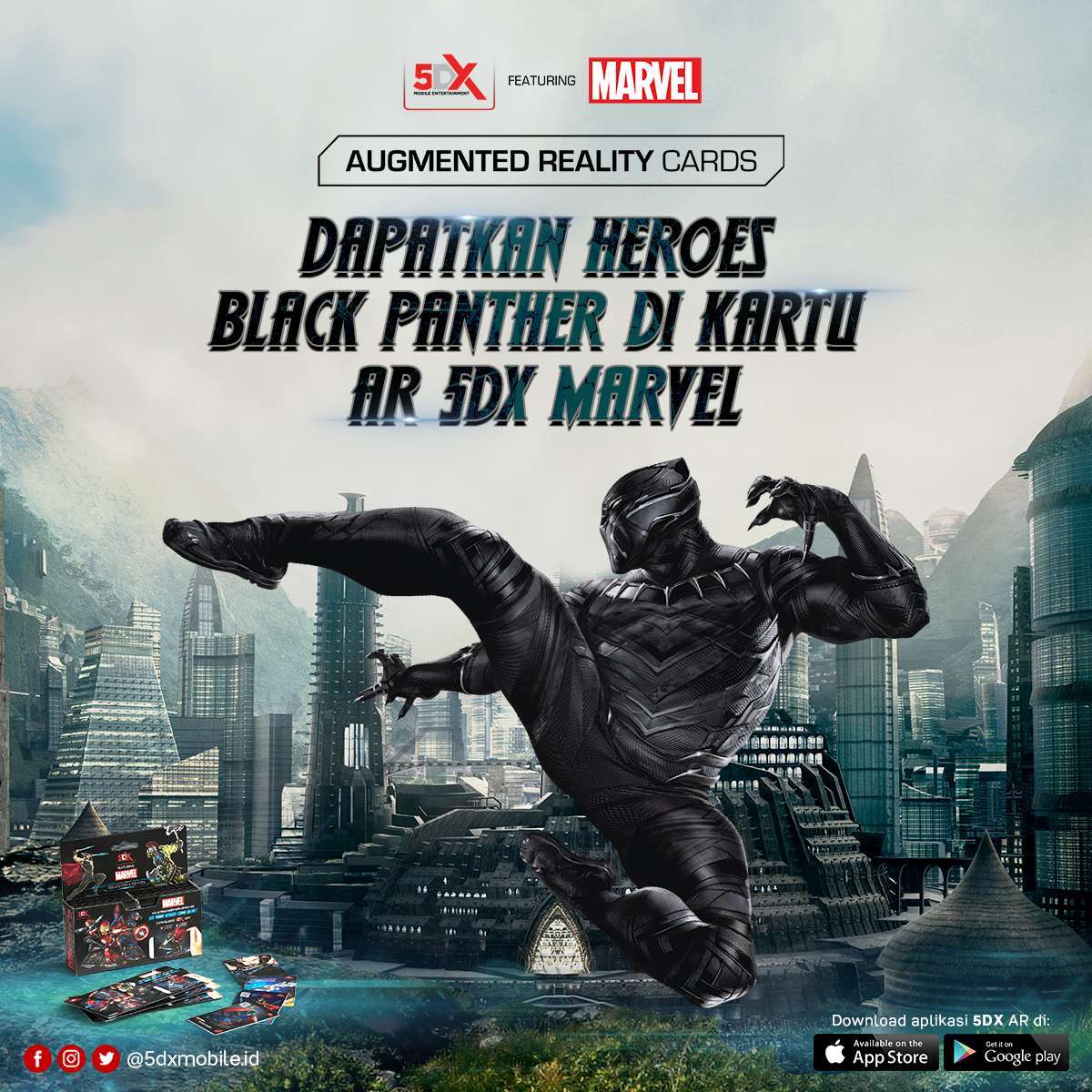 5dxmobile's tweet photo. Nah, Sobat 5DX sudah punya karakter superhero Black Panther belum? Ayo, segera temukan di Kartu Marvel Augmented Reality pertama di dunia!
#HeroGue #5DXMobile #Marvel #MarvelIndonesia #AugmentedReality https://t.co/RKkU85gN9o