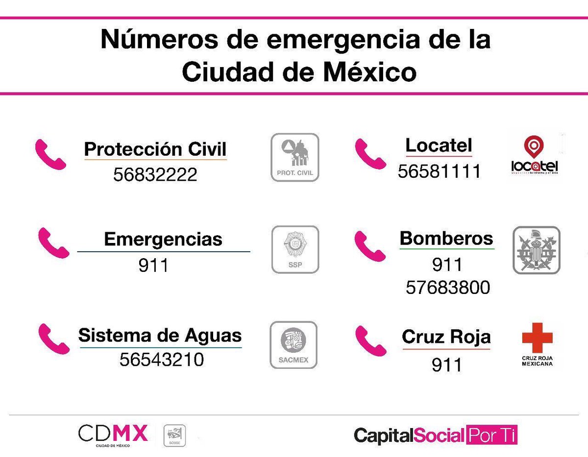 HbtViaPublica's tweet photo. Les comparto los números de servicios de emergencia en la #CDMX
#sismo https://t.co/fmGdJjp4N4