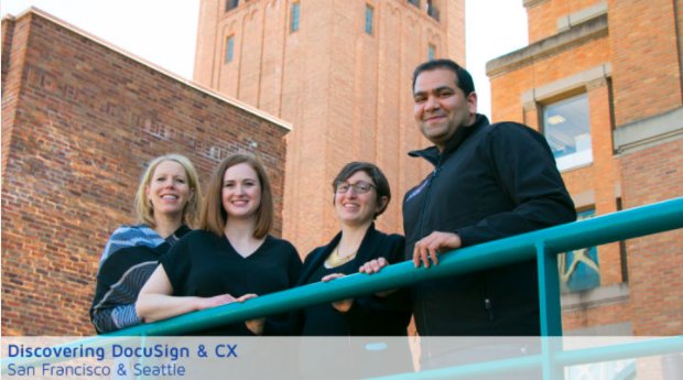 Docusign's tweet photo. "We wanted to work collaboratively with the Customer Experience and Insights team to help identify new ways to improve the #DiscoveringDocuSign experience." Read on: https://t.co/428KVeIc5F #HR #lovewhereyouwork https://t.co/PQjh8SNv2d