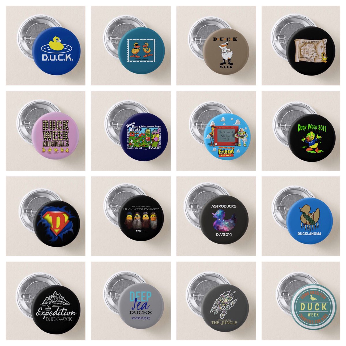DUCKWeek2021's tweet photo. Have a look at what is in the works! At 1.25 in. these are perfect for your backpacks, lanyards, etc. Just $1 Collect your favorite years! https://t.co/5bQCZuM3IL
