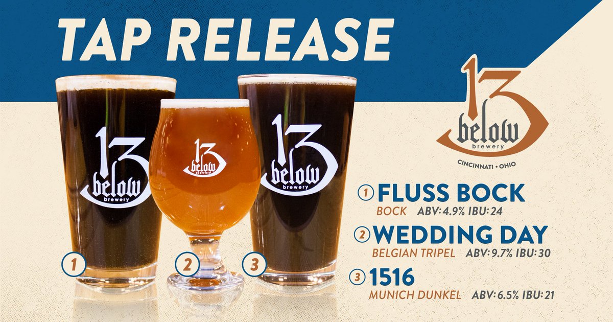 13BelowBrewery's tweet photo. We've been busy! Check out our latest beers coming on tap Thursday, February 22nd.
Fluss Bock
Traditional Bock • ABV: 4.9% IBU: 24
Wedding Day
Belgian Tripel • ABV: 9.7% IBU: 30
1516
Munich Dunkel • ABV: 6.5% IBU: 21
#NewOnTap #TapRelease #Bock #Dunkel #Tripel #13Below https://t.co/9LBipGV718