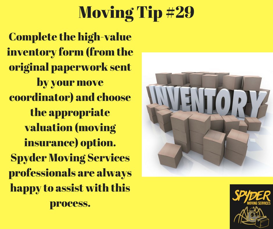 SpyderMoving's tweet photo. Moving Tip Challenge! 100 tips. One Tip a Day, Every Day! Tip #29. #spydermoving #movers #professionals #movingcompany #tips #services #movingday #bestmovers #movinghelp #fast #strong #efficient #inventory #item #Move #furniture #insurance #trucks #supplies #wemakemovingbetter https://t.co/fydxOnUaEW