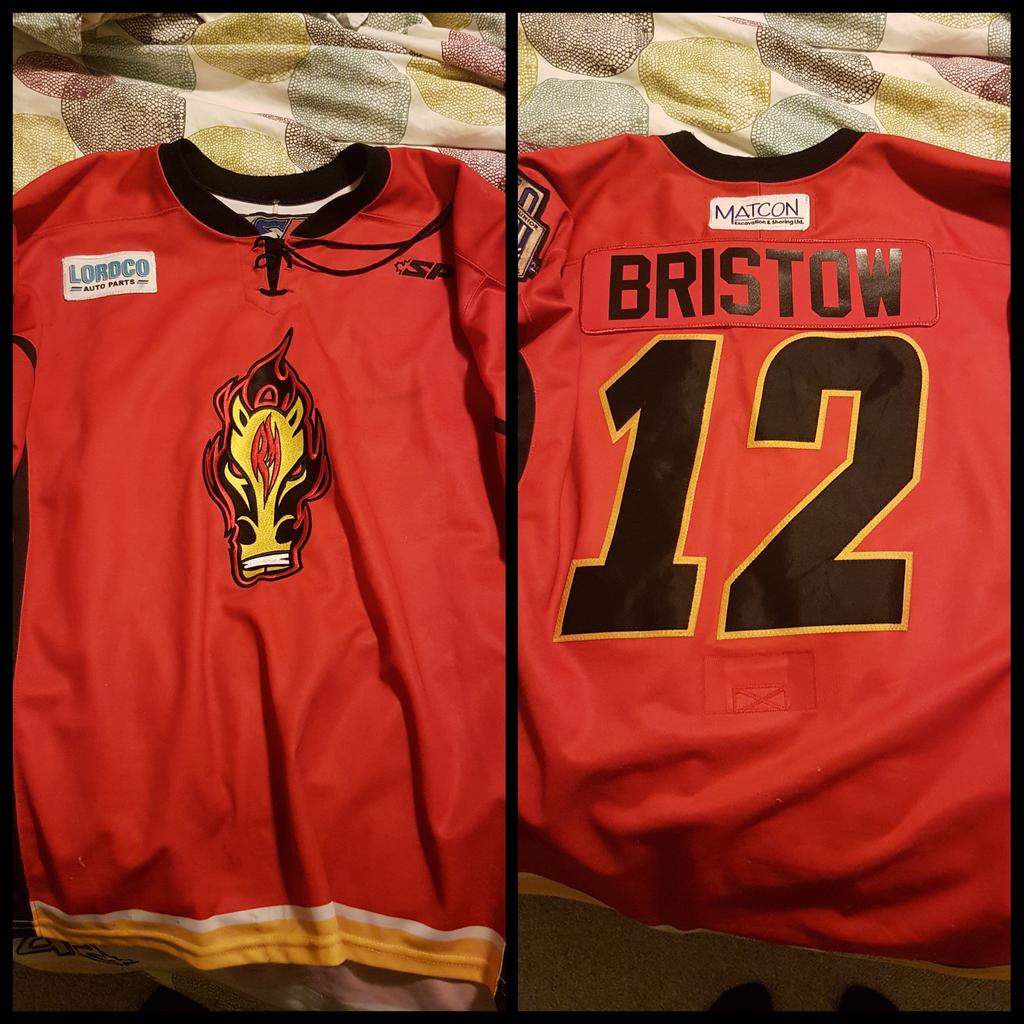 EmLou3's tweet photo. Thanks @flamesjunior for my jersey, totally unexpected!! And to top it off the boys won in OT!! #myoldhockeynumberwas12 #pjhl #rmflames #playoffs #goflamesgo https://t.co/Av3LDsD7aw