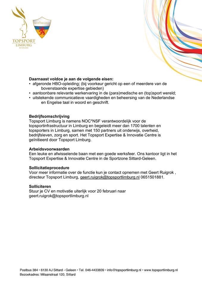 Mooie vacature bij <a href="/TopsportLimburg/">Topsport Limburg</a> #vacature #limburg #topsport
