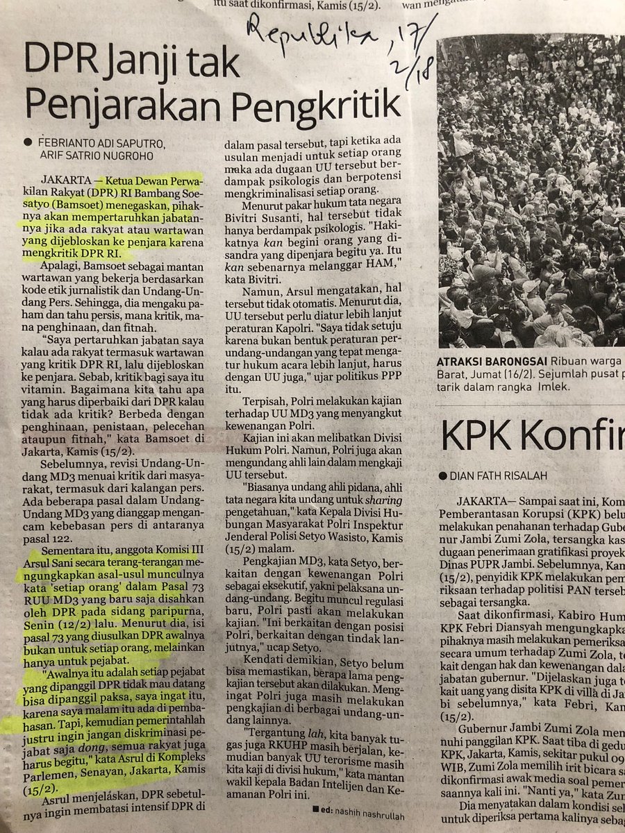 ibnupurna's tweet photo. Ketua DPR-RI janji tak penjarakan pengkritik. ✔️Janji mudah berubah, maklum ibarat pepatah lidah tak bertulang. Yg tak mudah berubah adalah ketentuan tertulis yg sudah menjadi UU. Jadi mumpung msh draft RUU, semua elemen masy agar dpt memonitor/mengkritisi perubahan UU MD3 tsb https://t.co/us2R4W79sq
