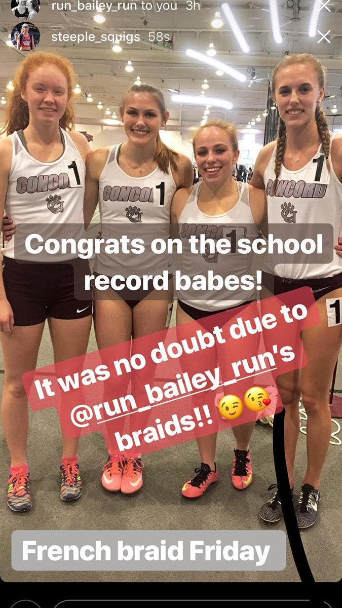 run_bailey_run's tweet photo. Broke the DMR school record with these ladies today &amp; @steeple_squigs put us on her #frenchbraidfriday story!! #CUTF 🐾🏃🏼‍♀️💨 @chernutan_h @TaylorGoinHamm https://t.co/DHlyuooDNW