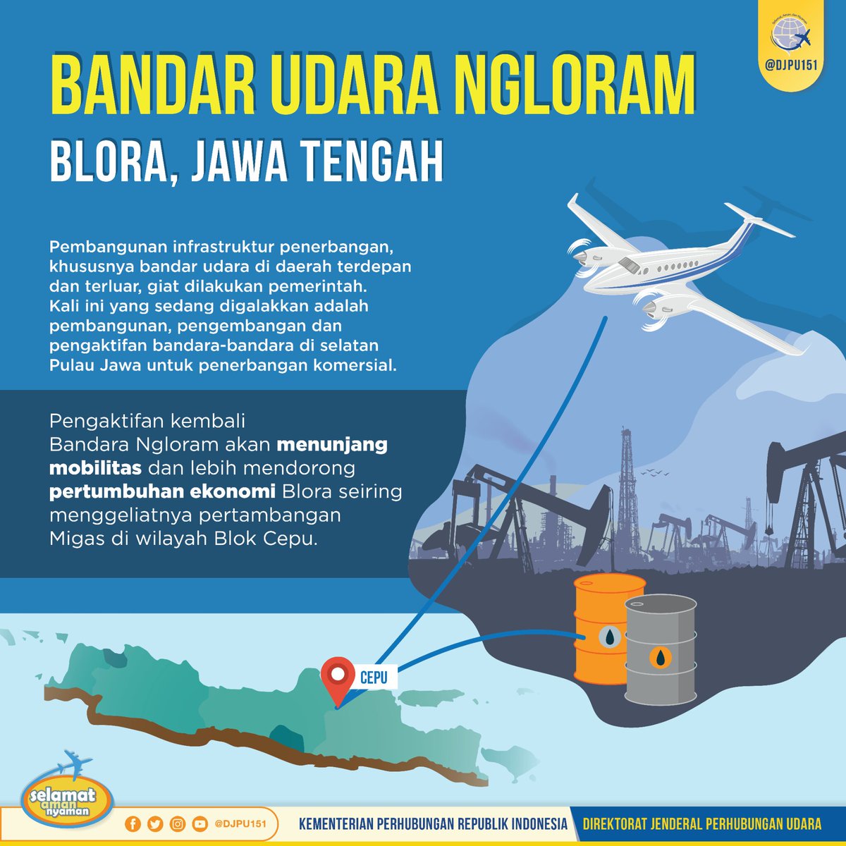 pembangunan, pengembangan dan pengaktifan bandara-bandara di selatan Pulau Jawa untuk penerbangan komersial giat dilakukan pemerintah.

Termasuk, Bandar Udara Ngloram yang terletak di Kecamatan Cepu, Blora, Jawa Tengah. 
<a href="/info_Blora/">INFO BLORA</a>
@HumasBlora