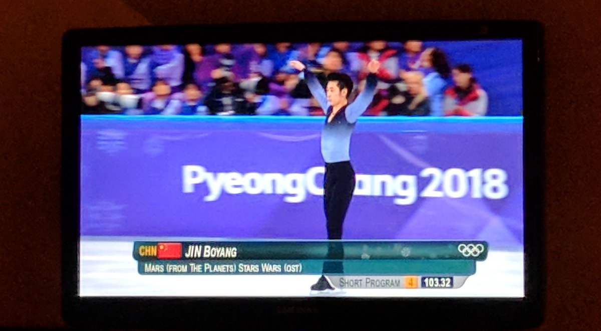 AngharadHowell's tweet photo. Come on Jin!! Extra marks for the #StarWars medley! SO TENSE. #pyeongchangOlympics2018 #figureskateing #BoyangJin #iceworld https://t.co/6CIkKIGKs8