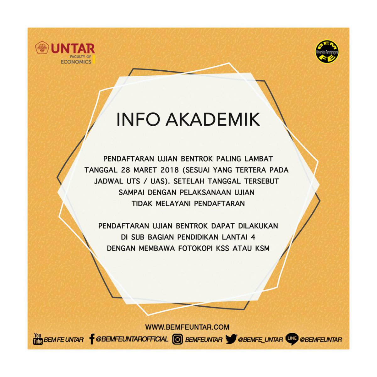 - INFO AKADEMIK -

Pendaftaran ujian bentrok paling lambat tanggal 28 Maret 2018. Dapat dilakukan di sub bagian pendidikan lantai 4 dengan membawa fotokopi KSS atau KSM.

#INFOAKADEMIK #BEMFEUNTAR #FEUNTAR #UNTAR