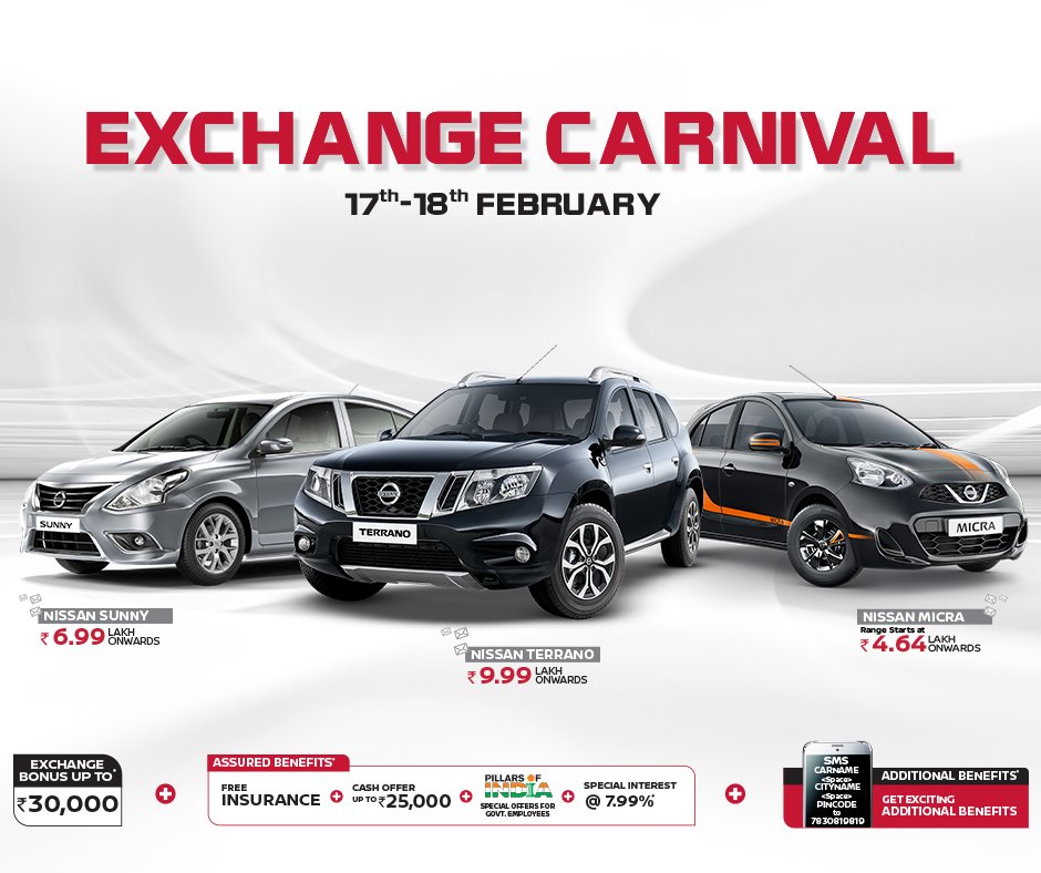 Nissan_India's tweet photo. Looking for a great deal? Look no further! Bring home a new #Nissan car in exchange for your old car. Many more exciting #benefits await you at the Nissan Exchange Carnival. Avail them today! https://t.co/Vvc6j3JLMw