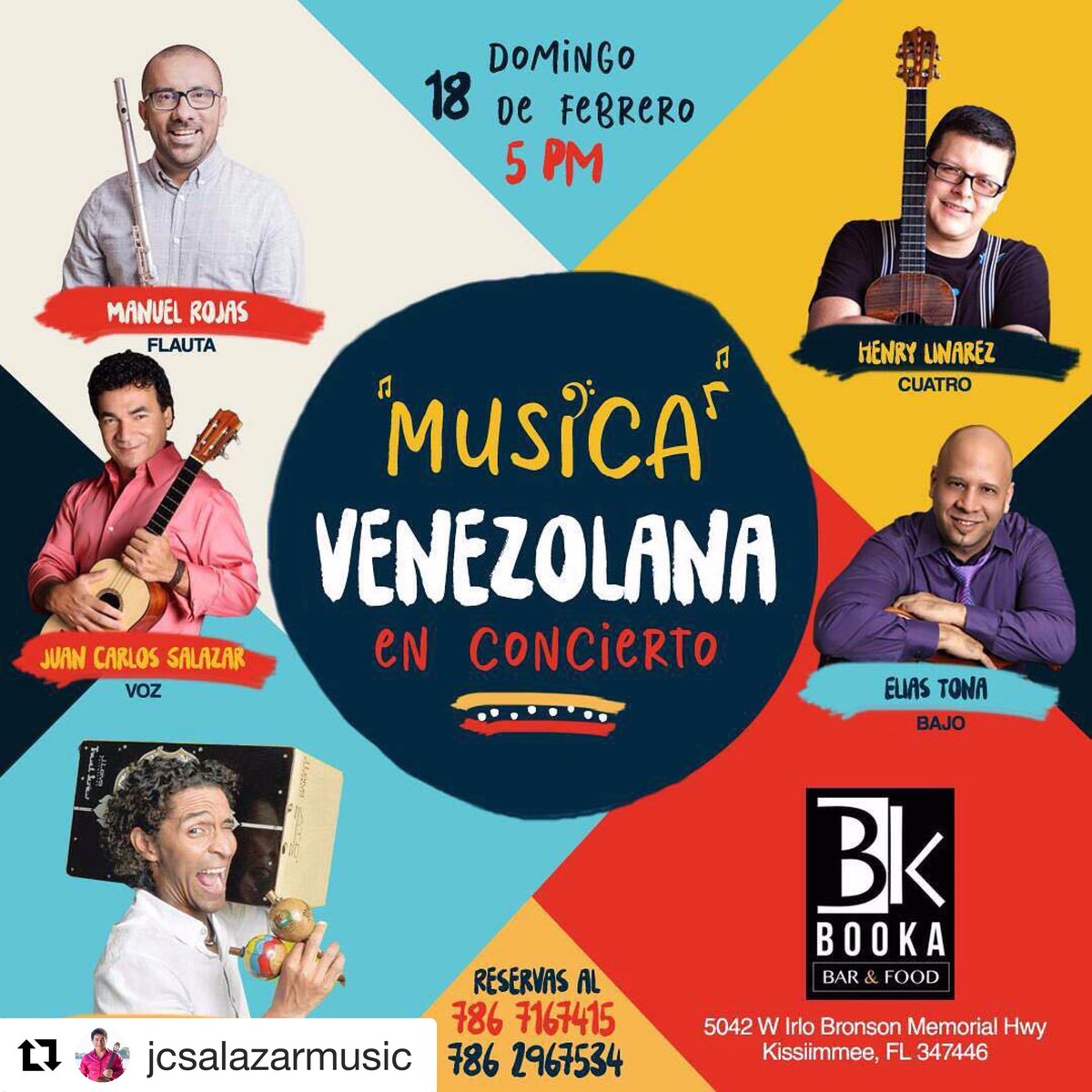 LassariMusic's tweet photo. Este domingo #18Feb gran concierto de música venezolana con @manuelflauta @jcsalazarmusic @HenryLinarez @basspurpose #JavierSojo en #BookaBar #Kissimmee #Orlando #musicavenezolana #worldmusic @VenezolanosMCO https://t.co/41b9s96PmD