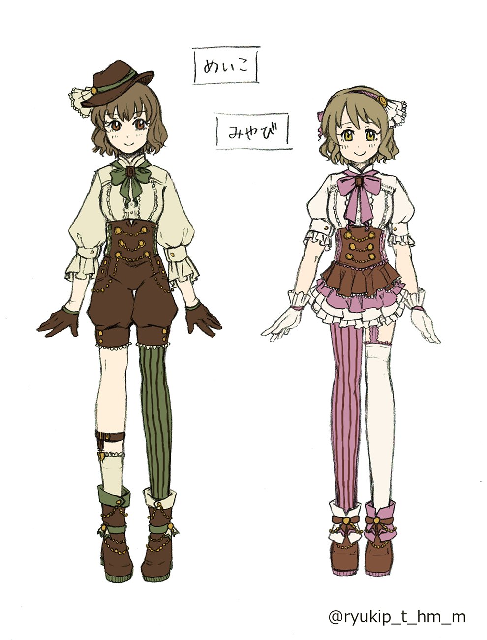 リュウキp この間のバレンタイン衣装図 実際のイラストでは細かい所を少し変えていますが 描く前にこんな感じで大体のデザインを考えていました 芽衣子ちゃんはマニッシュにしつつ 袖やズボンに丸みをもたせて可愛らしさも出しました みやびぃは