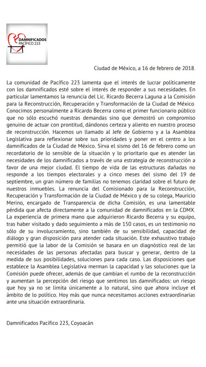 Lamentamos la renuncia del Comisionado <a href="/ricbecverdadero/">Ricardo Becerra</a> a la <a href="/CdmxComision/">ReconstrucciónCDMX</a> Nuestra posición se puede leer en el documento adjunto