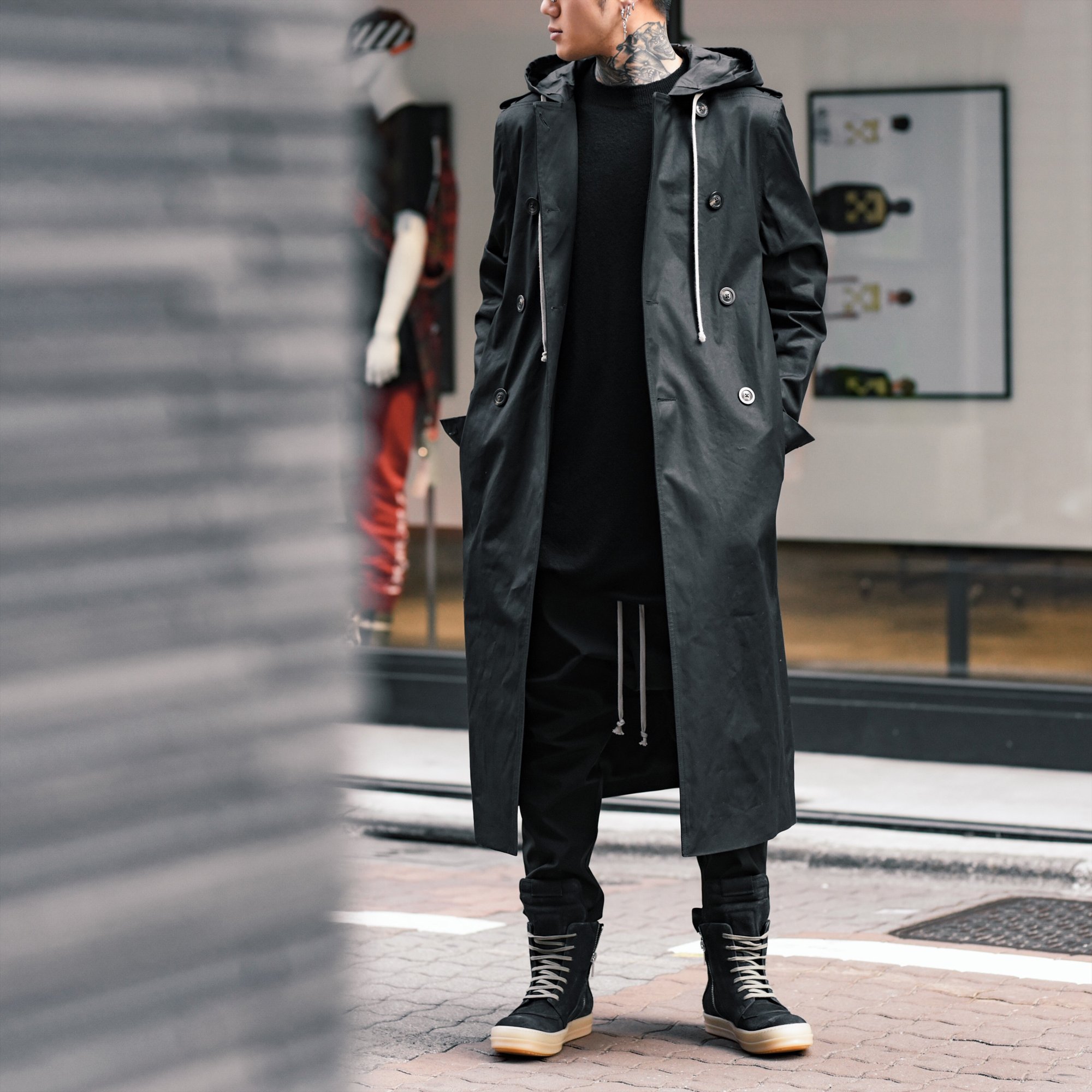 Rick Owens レザー切替 ウール ドレープ コート ロングジャケット-