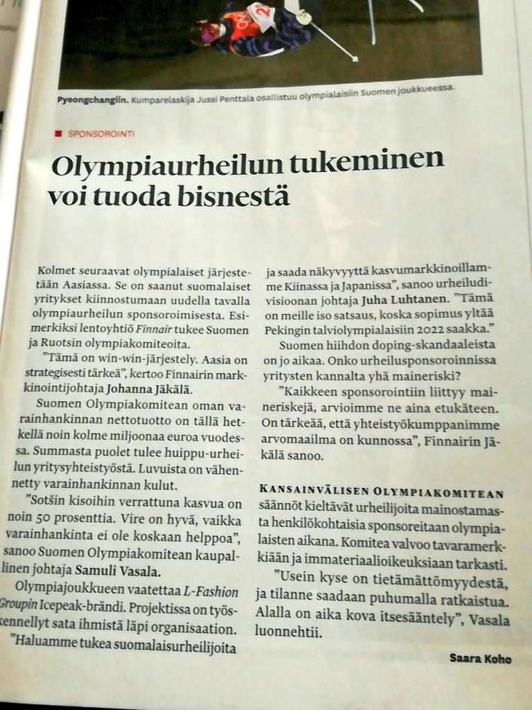 kimmojii's tweet photo. "On tärkeää, että yhteistyökumppanimme arvomaailma on kunnossa." Hieno @talouselama juttu sponsoroinnin mahdollisuuksista, ja riskien hallinnasta, Aasian markkinoilla @Finnair @OlympicTeamFI #arvot #valuefit https://t.co/RzxqEJGnPB