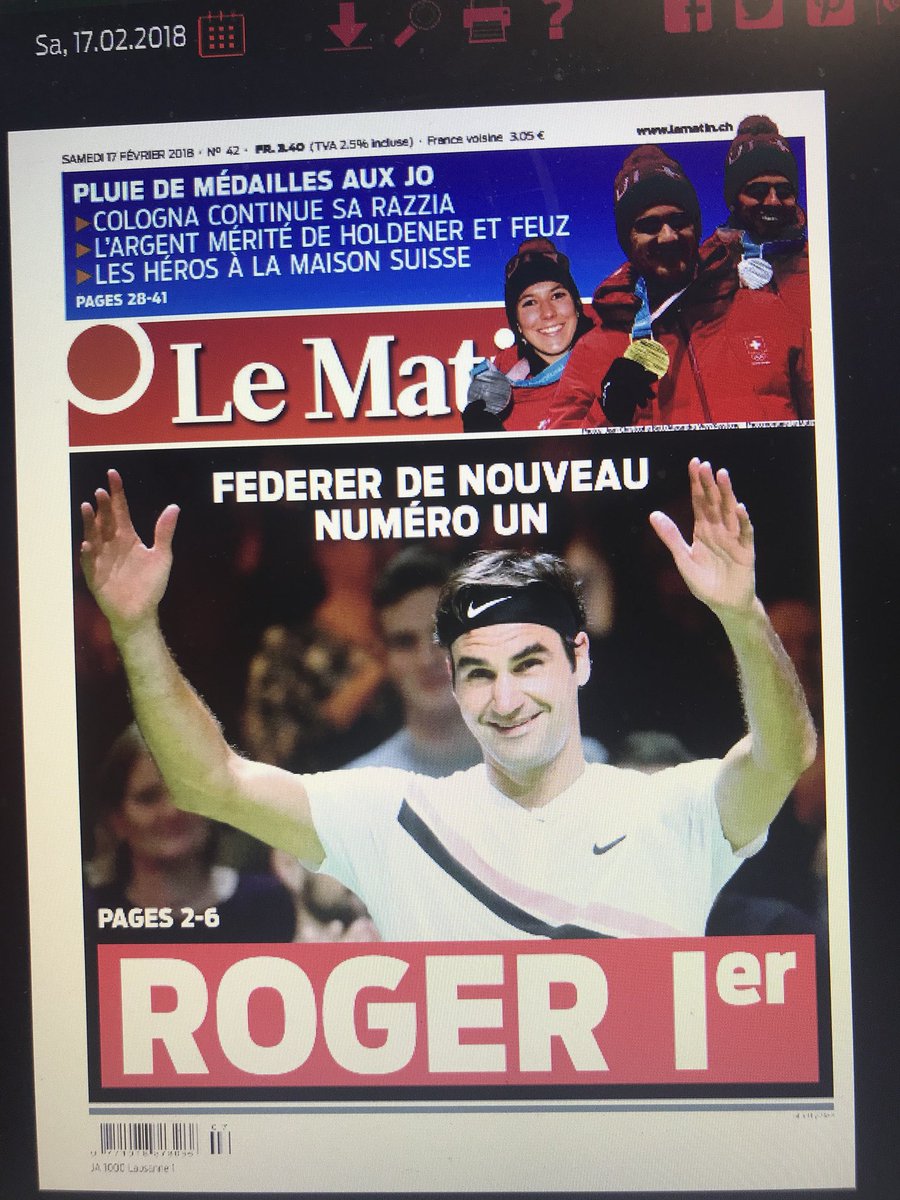Isabellemusy's tweet photo. Faire la Une de @lequipe en plein #JO et la Une du @Lematinch le lendemain d’un jour de gloire helvétique en Corée, seul @rogerfederer en est capable! #number1 #legend #Federer1 https://t.co/OhFlkBcSKw