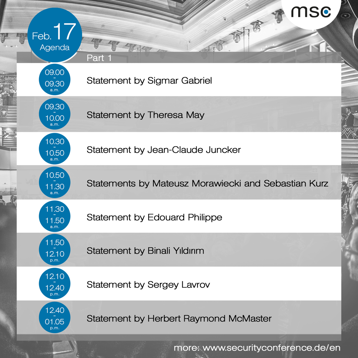 Good morning from day 2 of #MSC2018! Here is our jam-packed agenda for Saturday morning - statements and Q&amp;As with nine leaders. Live from 9am CET here: securityconference.de/en/activities/…