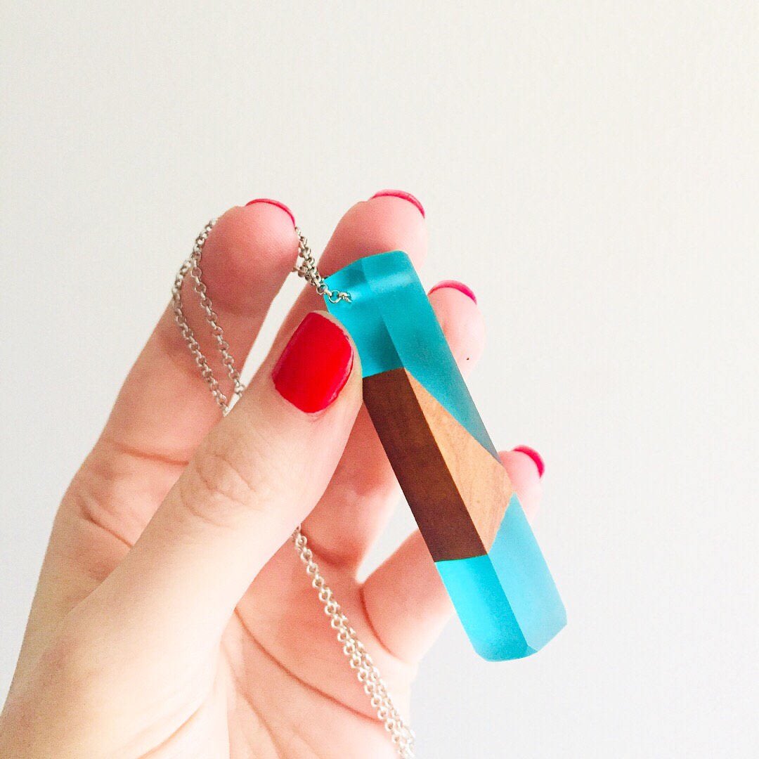 Resin and wood matte pendant necklace geometric blue green. #etsymntt #etsycaching #backinstock #resin  etsy.me/2o4yqEG