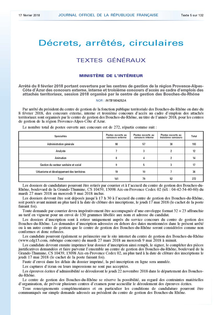 CFTC_SPASDIS13's tweet photo. Arrêté 08-02-18 concours externe, interne et troisième concours accès cadre emplois attachés territoriaux, session 2018 organisé par #CDG13 https://t.co/ehatZxhB4Z