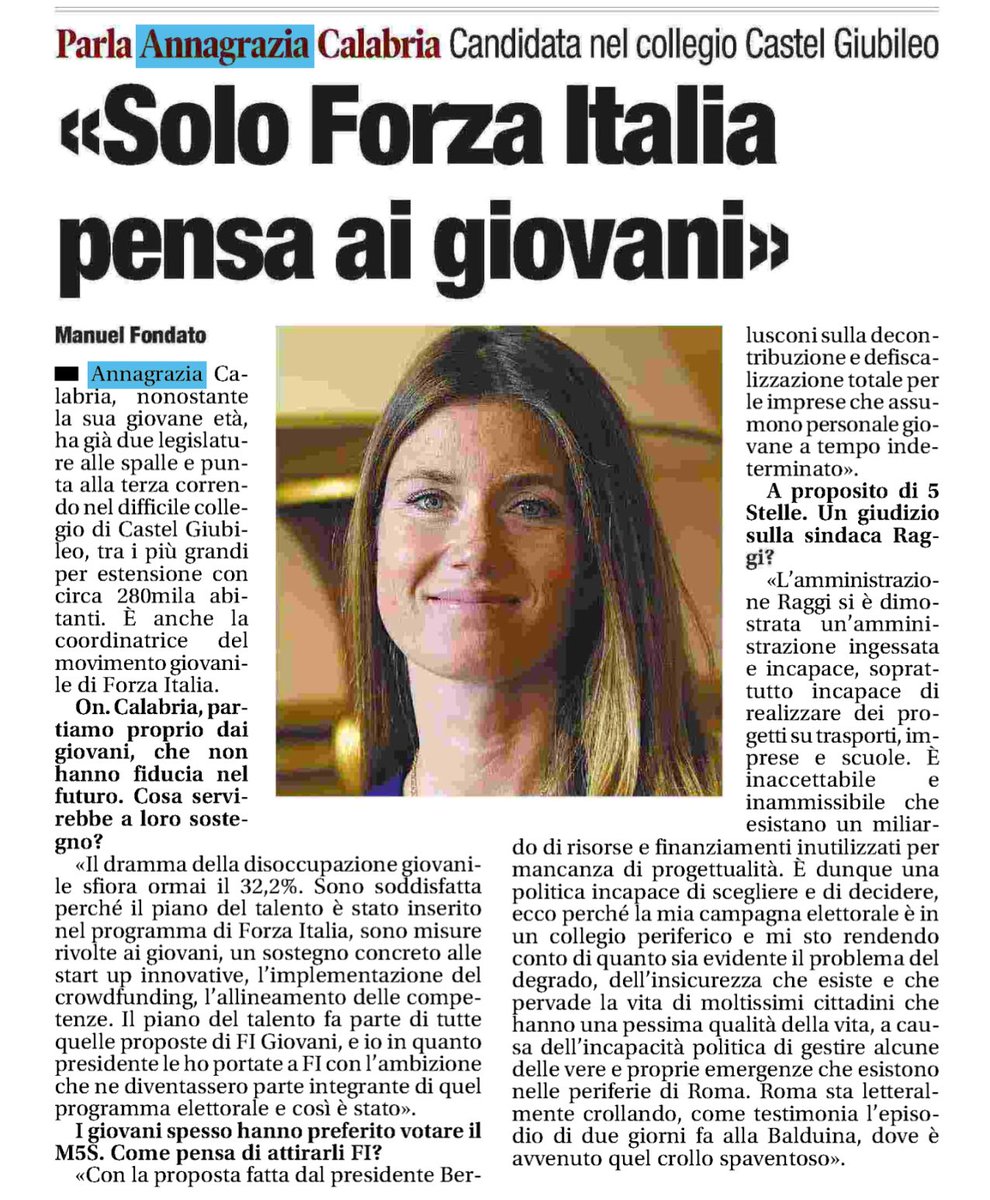 CalabriaTw's tweet photo. “Solo Forza Italia pensa ai giovani” - Leggi la mia intervista su il @tempoweb #elezioni2018 https://t.co/sfb8sqggfd