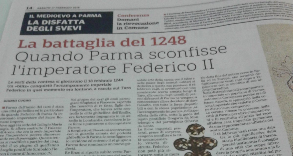 ComuneParma's tweet photo. #Parma è una città dalla grande storia. Inizia domani alle 10 in Consiglio Comunale "Storie in Comune" a cura del Presidente del Consiglio Comunale primo appuntamento sulla Battaglia di #Parma. Ossia quando i nostri sconfissero l'Imperatore Federico II. https://t.co/DQzkMo8ZgU https://t.co/n5978BahP4