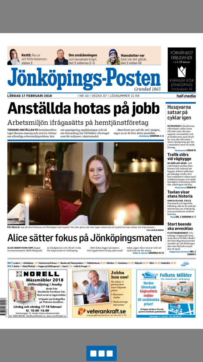 aliceberntsson's tweet photo. I dagens @JonkopingsPost går det att läsa om mig och #jkpgmatguide🥇
Artikeln går att läsa i papperstidningen eller här: https://t.co/ALd87a2fvM
(Webbartikeln är premium men kostar endast 1 krona 💸) https://t.co/4JwhmA4ZRe
